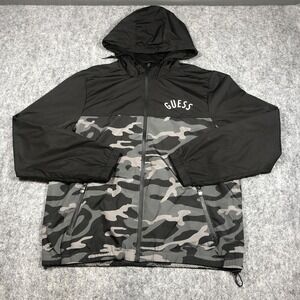 Guess Jacket Mens Large Black Camo Hooded Windbreaker Lightweight Zip Pockets